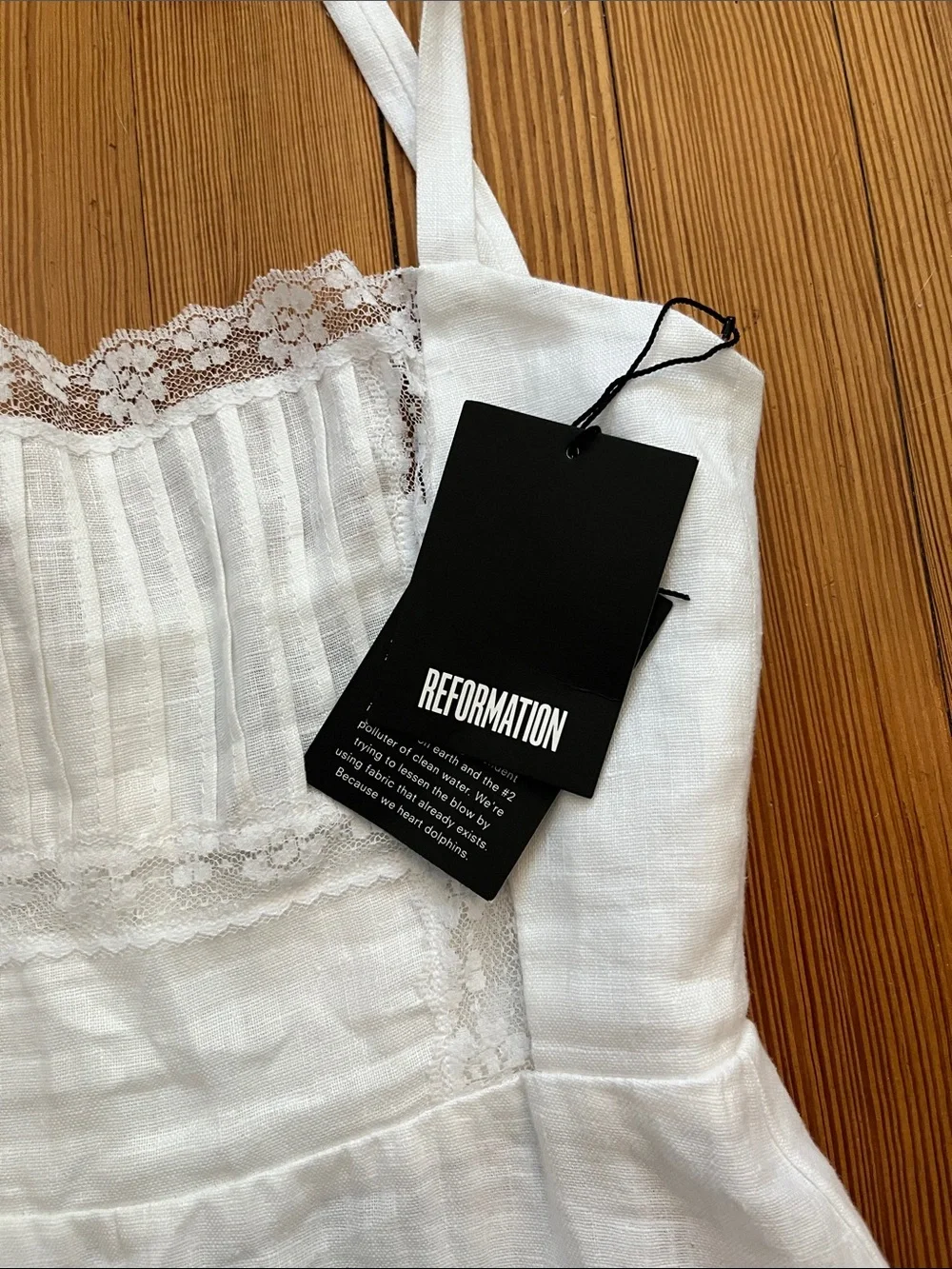 Reformation White Linen Midi Dress with Lace Trimmed Neckline - Picture 3 of 11